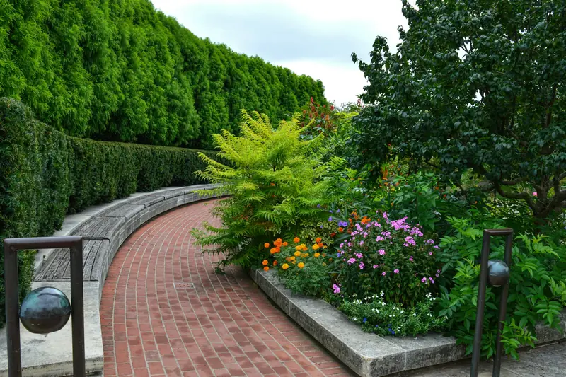 A curved brick path between garden beds and a hedge.
