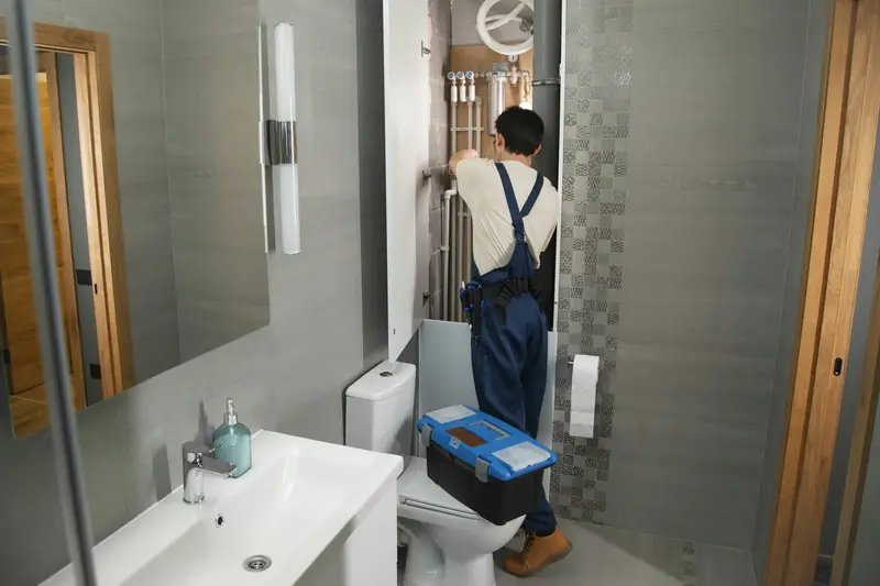 A plumber with his toolbox, finishing a new bathroom.